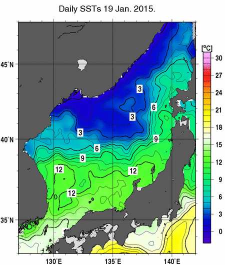 日本海の海面水温分布図（1月19日）