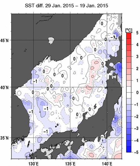 日本海の10日間の海面水温変化量分布図（1月29日）