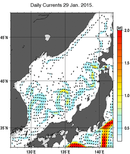 日本海の深さ50mの海流分布図（1月29日）