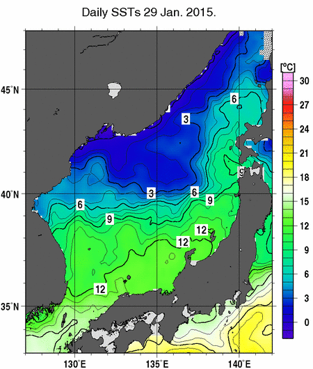 日本海の海面水温分布図（1月29日）