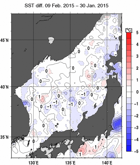 日本海の10日間の海面水温変化量分布図（2月9日）