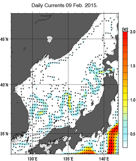 日本海の深さ50mの海流分布図（2月9日）