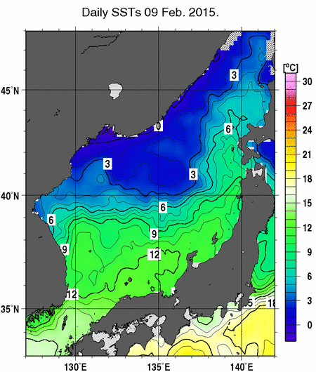 日本海の海面水温分布図（2月9日）