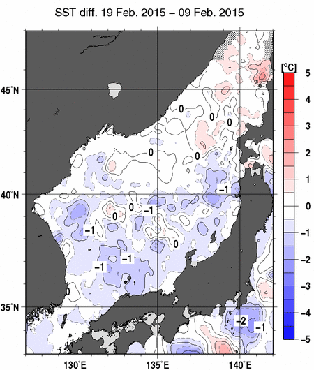 日本海の10日間の海面水温変化量分布図（2月19日）