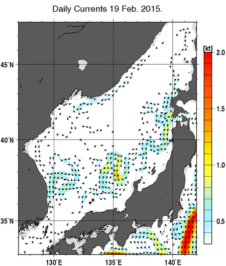 日本海の深さ50mの海流分布図（2月19日）