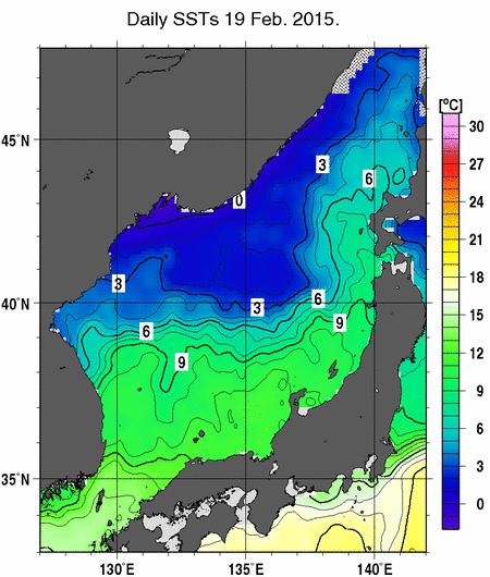 日本海の海面水温分布図（2月19日）