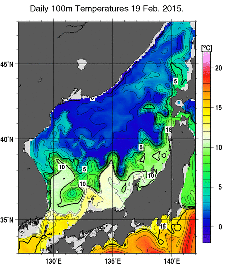 日本海の深さ100mの水温分布図（2月19日）