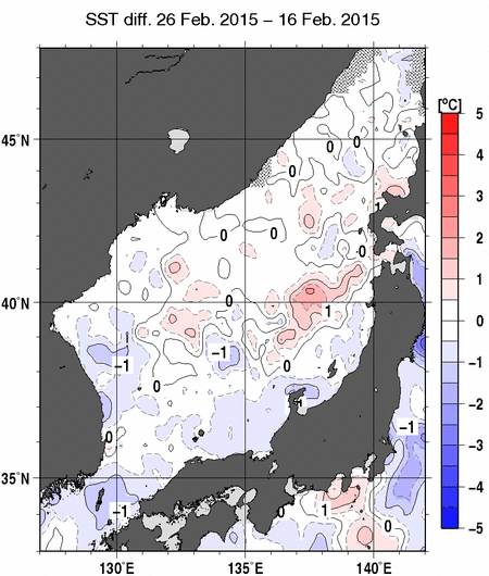 日本海の10日間の海面水温変化量分布図（2月26日）