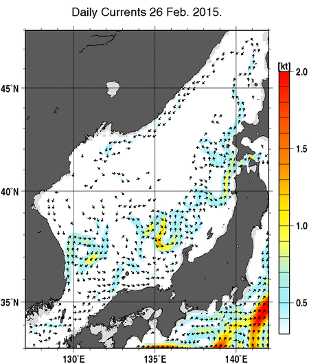 日本海の深さ50mの海流分布図（2月26日）