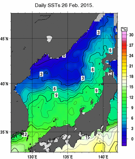 日本海の海面水温分布図（2月26日）