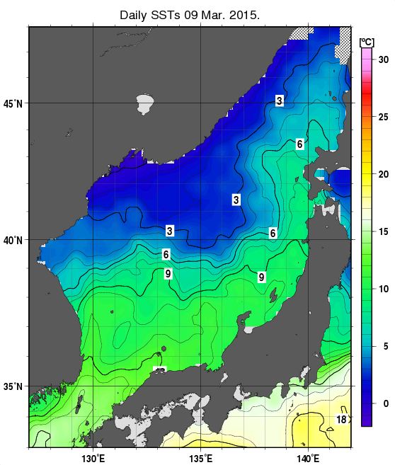 日本海の海面水温分布図（3月9日）