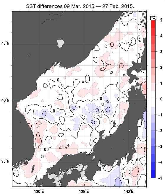 日本海の10日間の海面水温変化量分布図（3月9日）