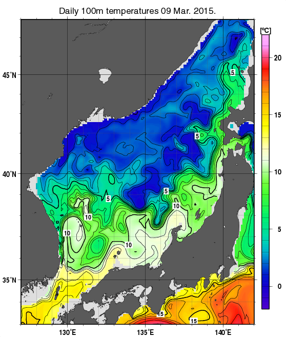 日本海の深さ100mの水温分布図（3月9日）