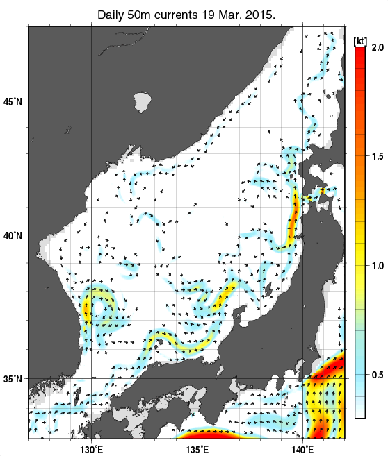 日本海の深さ50mの海流分布図（3月19日）