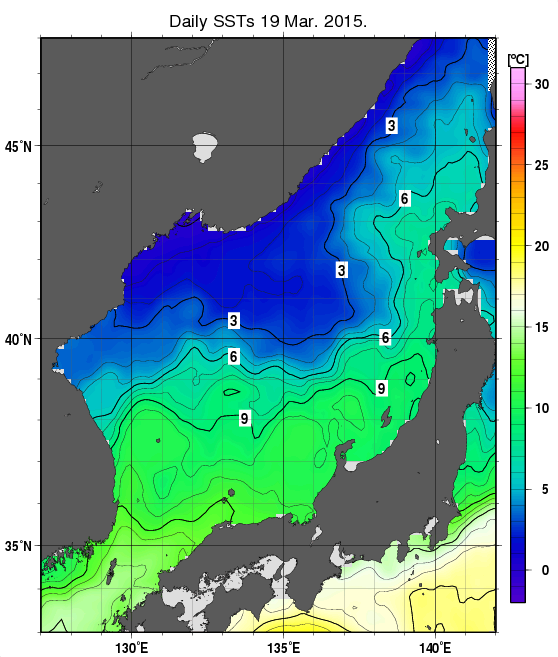 日本海の海面水温分布図（3月19日）