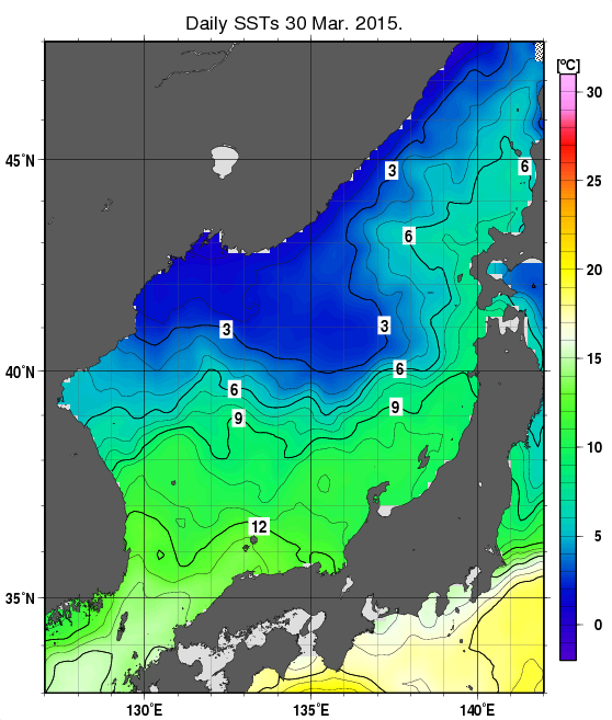 日本海の海面水温分布図（3月30日）