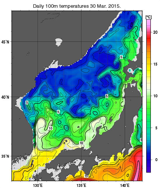 日本海の深さ100mの水温分布図（3月30日）