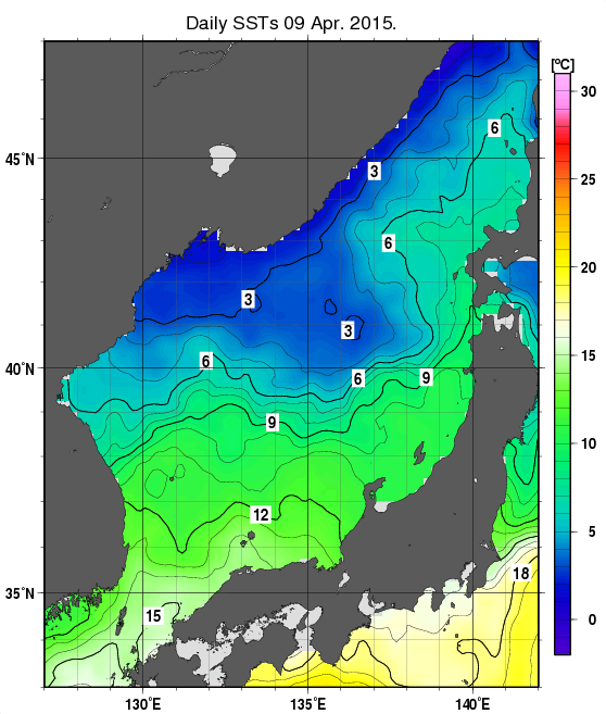 日本海の海面水温分布図（4月9日）