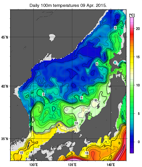 日本海の深さ100mの水温分布図（4月9日）