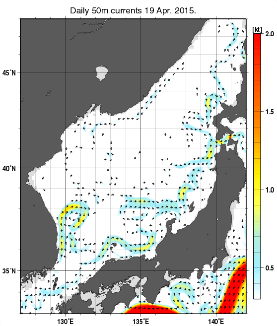 日本海の深さ50mの海流分布図（4月19日）