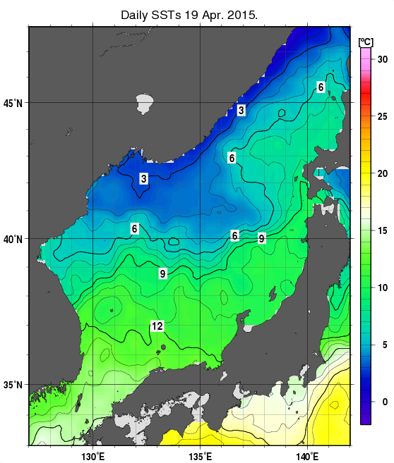 日本海の海面水温分布図（4月19日）