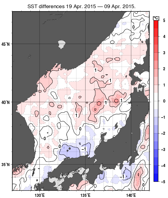 日本海の10日間の海面水温変化量分布図（4月19日）