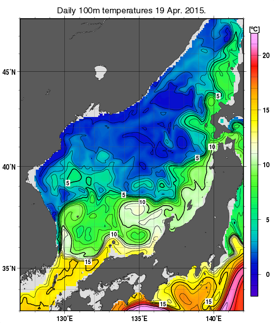 日本海の深さ100mの水温分布図（4月19日）