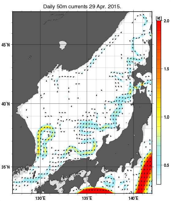 日本海の深さ50mの海流分布図（4月29日）