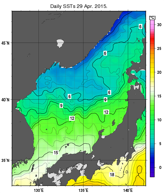 日本海の海面水温分布図（4月29日）