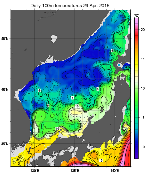 日本海の深さ100mの水温分布図（4月29日）