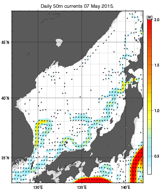 日本海の深さ50mの海流分布図（5月7日）