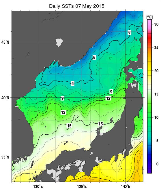 日本海の海面水温分布図（5月7日）