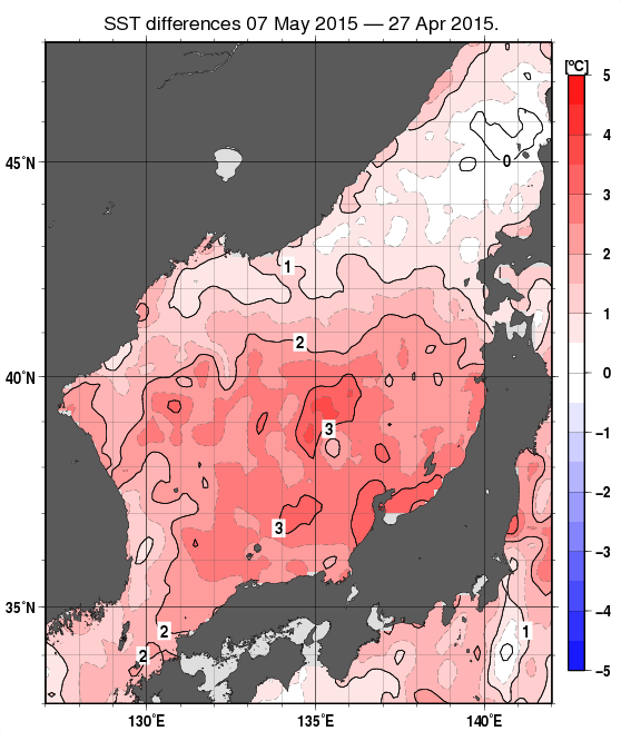 日本海の10日間の海面水温変化量分布図（5月7日）
