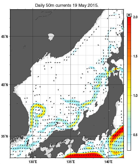 日本海の深さ50mの海流分布図（5月19日）