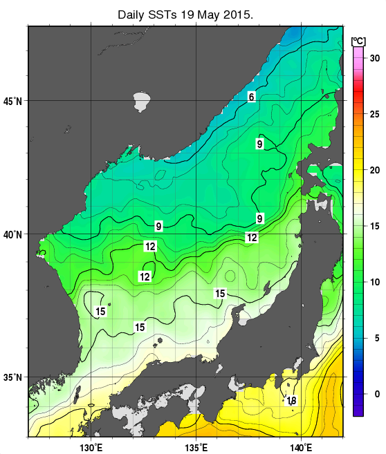 日本海の海面水温分布図（5月19日）