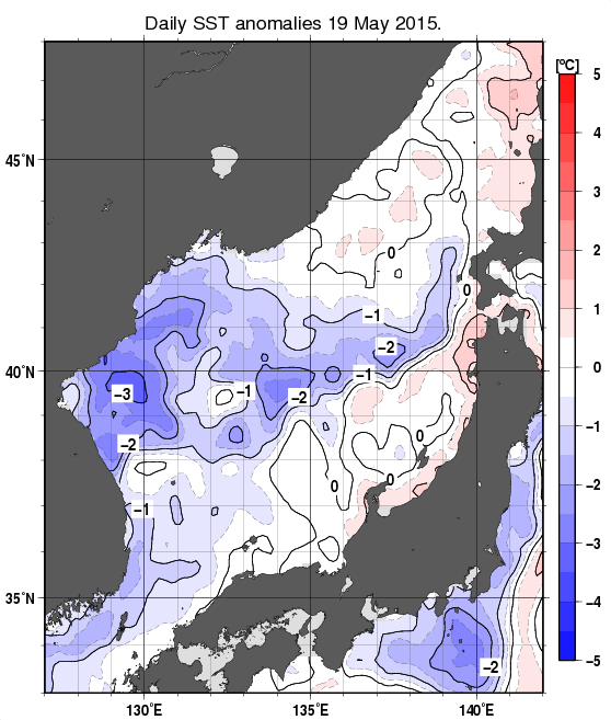 日本海の海面水温平年差分布図（5月19日）