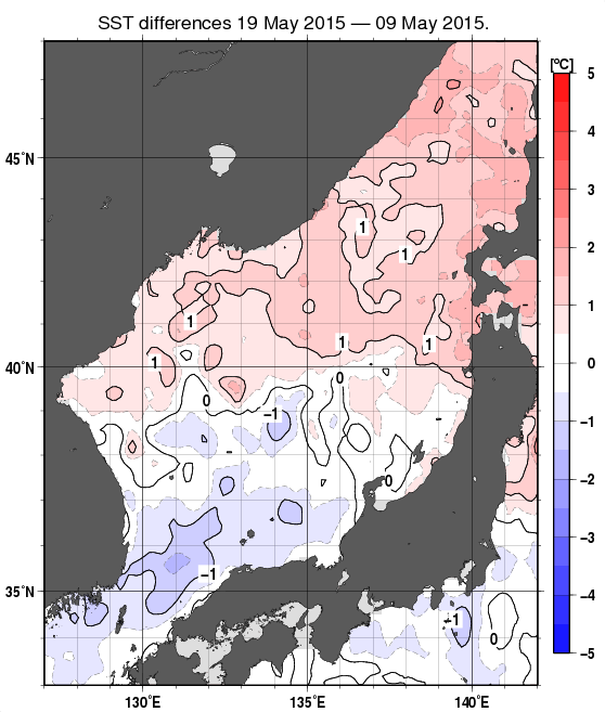 日本海の10日間の海面水温変化量分布図（5月19日）