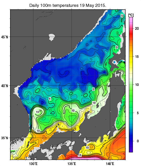 日本海の深さ100mの水温分布図（5月19日）