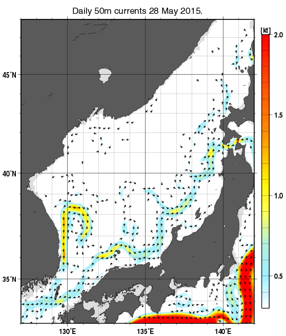 日本海の深さ50mの海流分布図（5月28日）