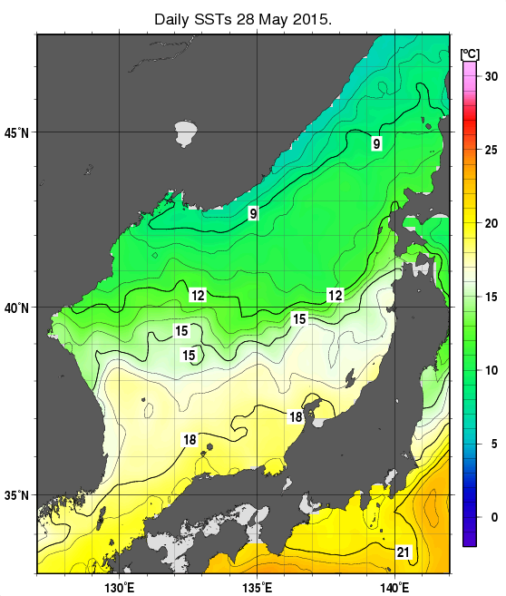 日本海の海面水温分布図（5月28日）