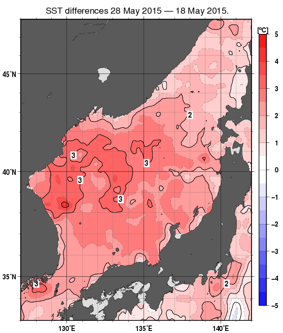 日本海の10日間の海面水温変化量分布図（5月28日）