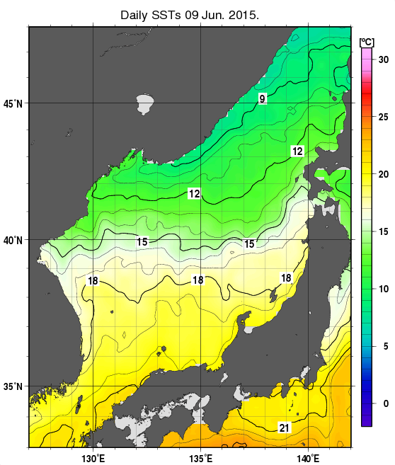 日本海の海面水温分布図（6月9日）