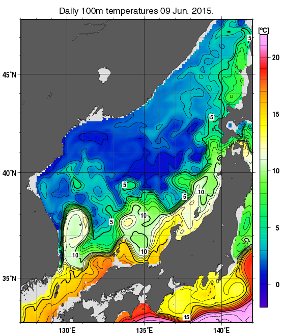 日本海の深さ100mの水温分布図（6月9日）