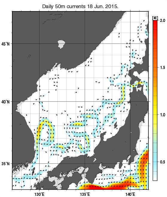 日本海の深さ50mの海流分布図（6月18日）