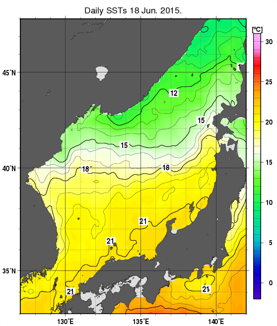 日本海の海面水温分布図（6月18日）