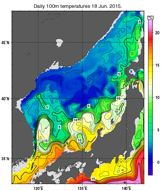 日本海の深さ100mの水温分布図（6月18日）