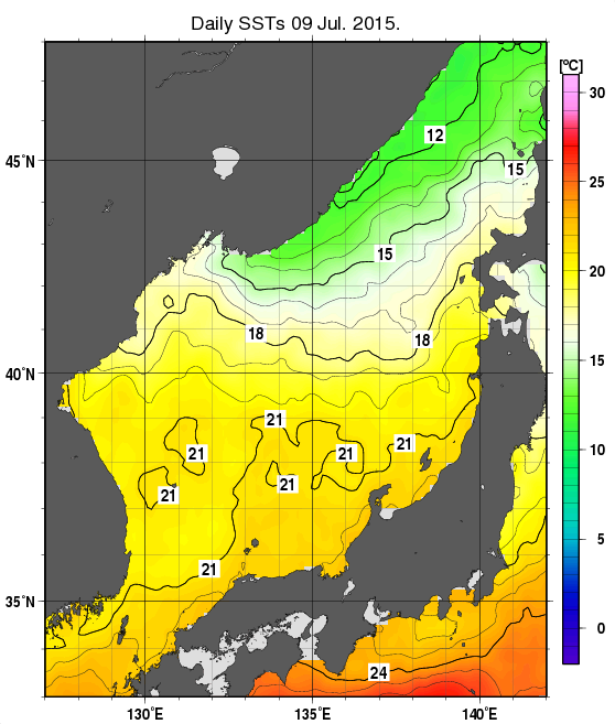 日本海の海面水温分布図（7月9日）