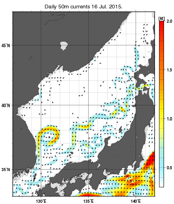 日本海の深さ50mの海流分布図（7月16日）