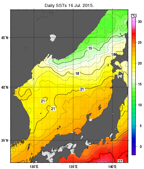 日本海の海面水温分布図（7月16日）