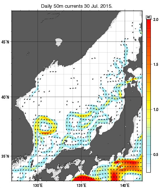 日本海の深さ50mの海流分布図（7月30日）